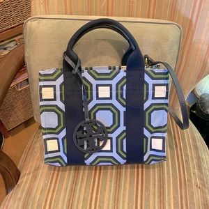 Tory Burch Blue Geometric Pattern Canvas/Leather Purse. New/Never Used, No Tags